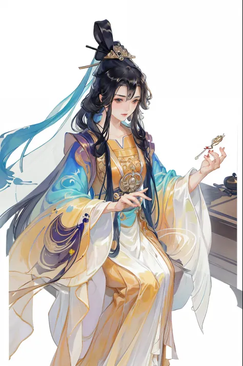 best quality at best, 超高分辨率, (((1 girl))),(long black hair), game fairy, old palace, hanfu, yarn, flowing light yarn, jewelry, (...