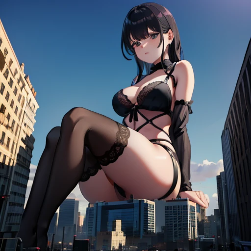 Giantess, huge giantess, big giantess, tall girl, black lingerie, aroused, sitting on building, crushing building, crushed building, crushing, butt crush, looking at viewer,