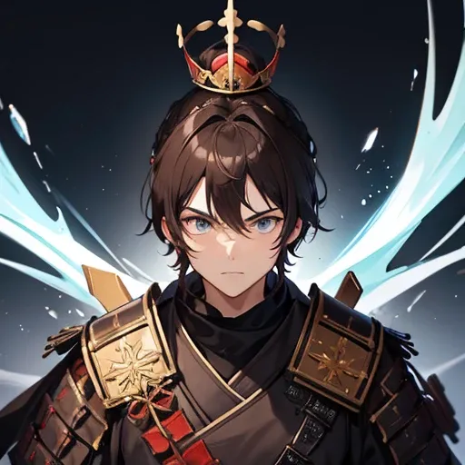 A cosmic apocalyptic warrior with a black outfit and light brown hair wearing a samurai outfit with a crown on his head