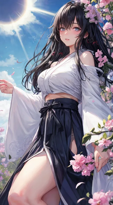 realistic, 1girl, black hair, light blue eyes, glowing eyes, crop top, skirt, parted lips, blush, night, flowers, sun, sunlight, japanesse robe, covered big breast,