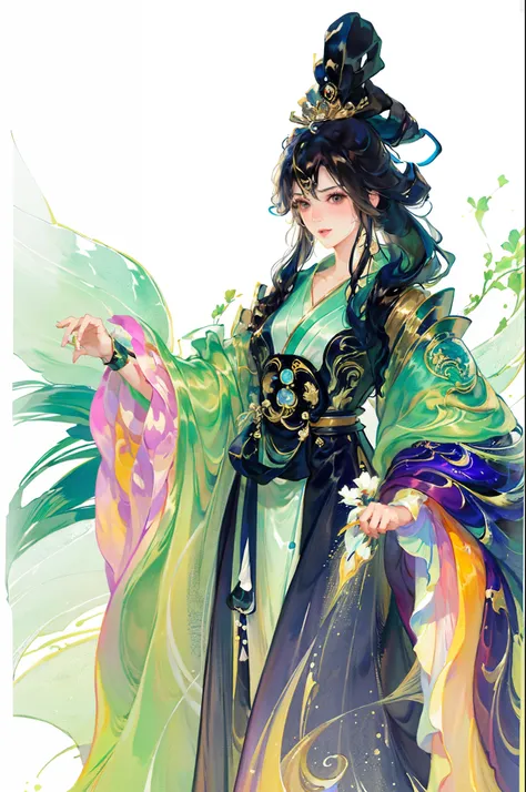 best quality at best, 超高分辨率, (((1 girl))),(long black hair), game fairy, hanfu, yarn, flowing light yarn, jewelry, (focal), (((c...