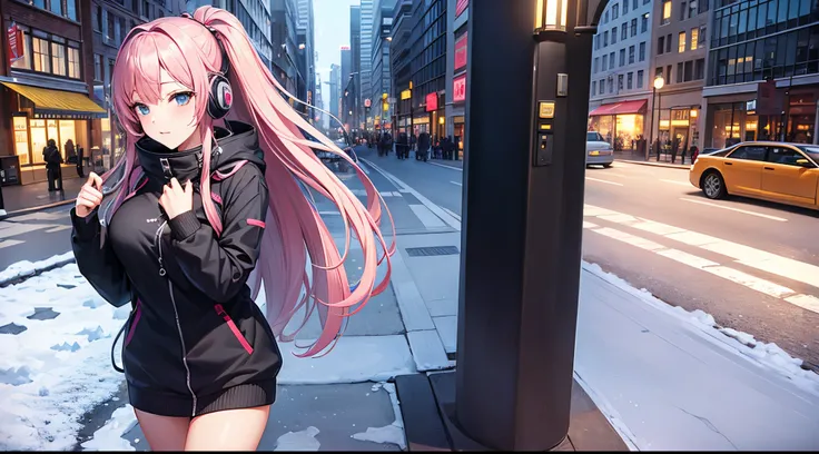 sexy anime girl listening to music in the city street with a snowy