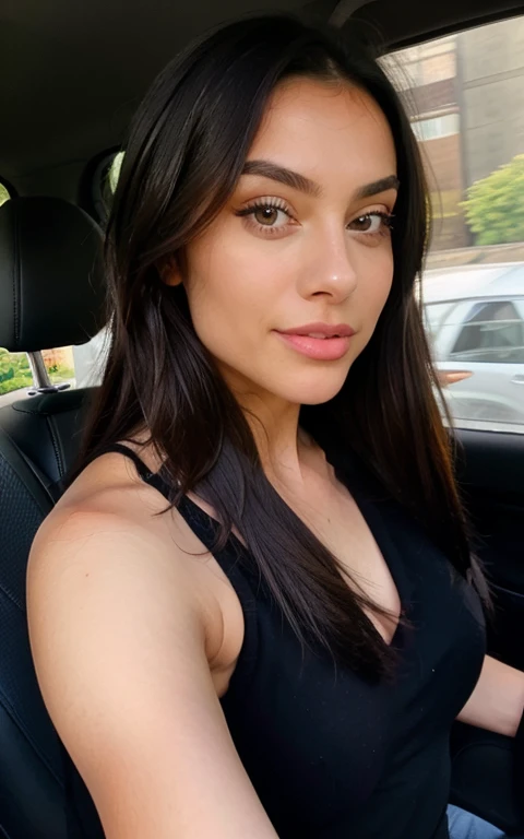 1 woman in the car ((upper body selfie, happy)), masterpiece, best quality, ultra-detailed, black long hair, brown eyes, white skin