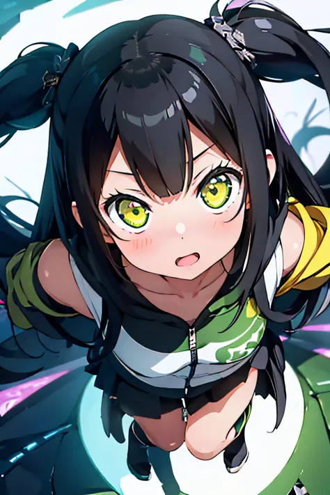 (1girl), bottomless, anime style, polished and powerful look, exotic, girl design, mara, portrait, giesha, anime image, with yellow green side tail long hair, showing shoulder, black and green punk hoodie, low angle, wide angle lens f/2.8, ultra insane hig...