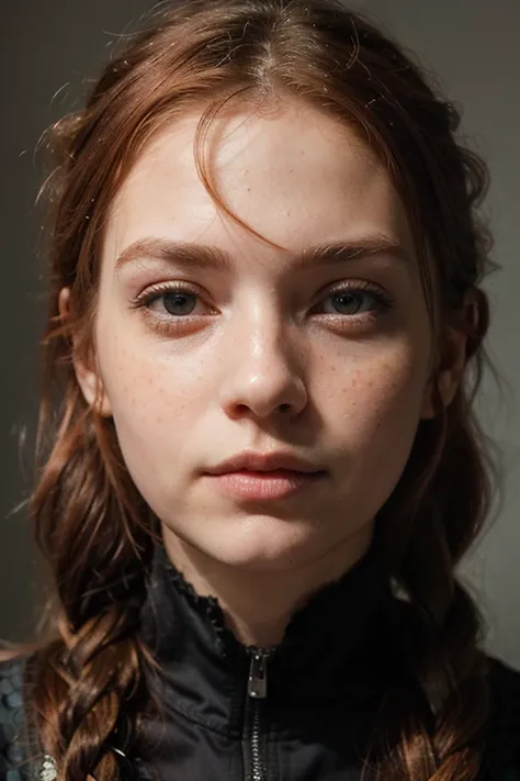 ((best quality)), ((masterpiece)), (detailed), hyper realistic intensive red-haired woman with intense red hair, one thin braid falls over her face, eyes purple
, turned half right and looks at you, in a stile of Dali, has freckles, impressive, breathtakin...