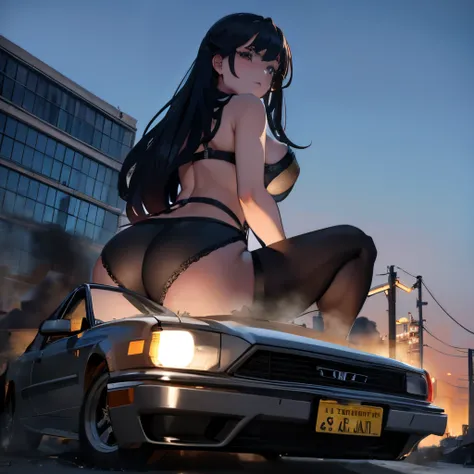 Giantess, crush, butt crush, crushing car, huge giantess, sitting on car, crushing car with butt, tall girl, flattened car, black lingerie, destruction, butt facing viewer