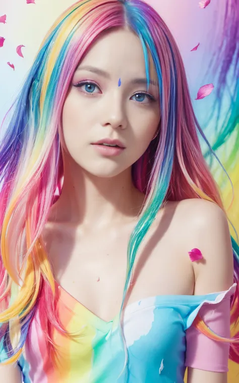 （Pink Fashion T-shirt：1.9），(Colorful hair: 1.8), (all the colours of the rainbow: 1.8),(((((vertical painting：1.6))), （painting：1.6），front, comics, illustrations, paintings, large eyes, crystal clear eyes,（ rainbow color gradient high ponytail：1.7）, exquis...