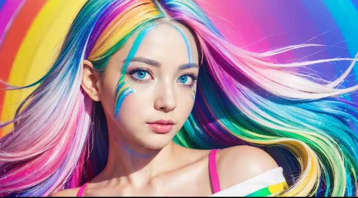 （Pink Fashion T-shirt：1.9），(Colorful hair: 1.8), (all the colours of the rainbow: 1.8),(((((vertical painting：1.6))), （painting：1.6），front, comics, illustrations, paintings, large eyes, crystal clear eyes,（ rainbow color gradient high ponytail：1.7）, exquis...