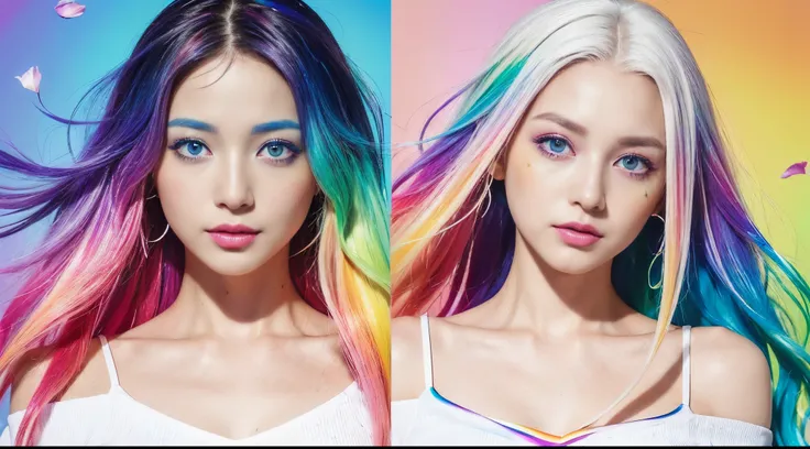 （Pink Fashion T-shirt：1.9），(Colorful hair: 1.8), (all the colours of the rainbow: 1.8),(((((vertical painting：1.6))), （painting：1.6），front, comics, illustrations, paintings, large eyes, crystal clear eyes,（ rainbow color gradient high ponytail：1.7）, exquis...