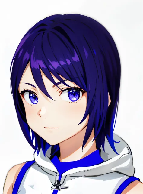 anime dark purle hair and dark purple eyes girl wearing in a white and blue uniform with hood hang on back,