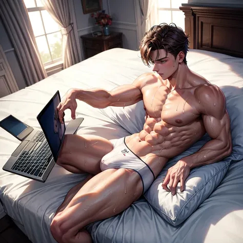 Masterpiece, best quality, super detailed, sfw, 1boy, an attractive 18 year old white boy laying in bed using laptop video call, looking at laptop screen, ((sweat)), topless, wearing tight underwear, big bulge , full body shot, side view,