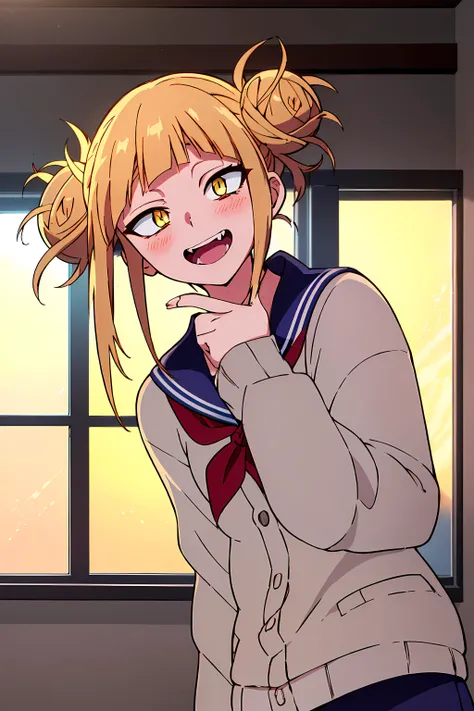 (top-quality,​masterpiece,Anatomically correct,Full limbs,complete fingers,Precise fingertip detail,8K),(9 0 s anime style,cel shaded anime),Photorealista,(1人の女性:1.5), (Himiko Toga:1.52),aqua eyes, bags under eyes, blush, Open mouth, 牙, (Short stature:1.12...