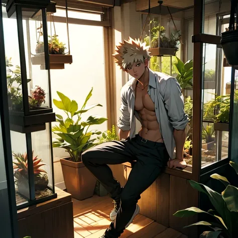 Bakugou Katsuki sitting inside a terrarium with open shirt looking at viewer, full body