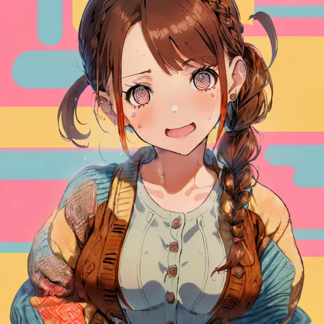 ((Brown hair)),((Braided shorthair)),((Brown eyes)),((Pigtails)),((With bangs)),((Pair with a bungalong sleeve jacket or cardigan),((Winter clothes)),(colorful nordic pattern dress),((One piece made of sweat material))Slight red tide,(laugh vaguely),((Pop,...