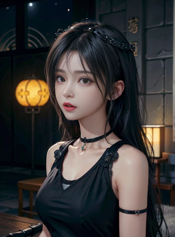 (natta)、((top-quality、​masterpiece:1.3))、sharp:1.2、Perfect Body Beauty:1.4、((Layered hairstyle))、(Black Dress:1.3)、(nighttime scene:1.2)、(chains:1.3)、Highly detailed facial and skin texture、Detailed eye、二重まぶた、((short-length hair))、boyish、Cool、((unisex))、bi...