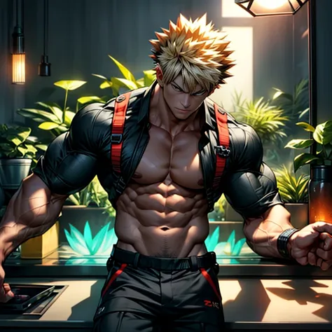 (best quality,4k,8k,highres,masterpiece:1.2),ultra-detailed,realistic:1.37,Bakugou Katsuki sitting inside a terrarium,open shirt,looking at viewer,full body,detailed handsome face,muscular body,abs and pecs,sharp focus,portrait,vivid colors,glass enclosure...