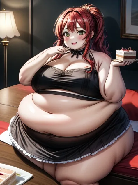 (best quality,4k,8k,highres,masterpiece:1.2),ultra-detailed,HDR,UHD,studio lighting,ultra-fine painting,physically-based rendering,extreme detail description,professional,vivid colors.

A young obese girl with vibrant red hair and long flowing locks  sitti...