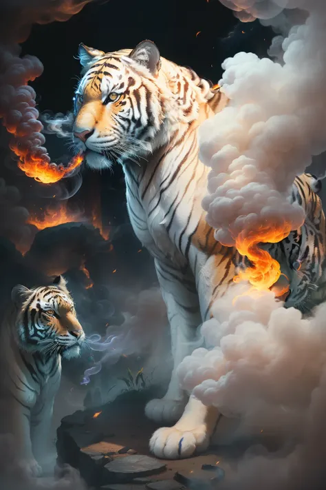 an image of a Chinese teenage wizard wielding a magic wand, conjuring thick smoke, with a white tiger emerging in the midst of the smoke. --auto --s2