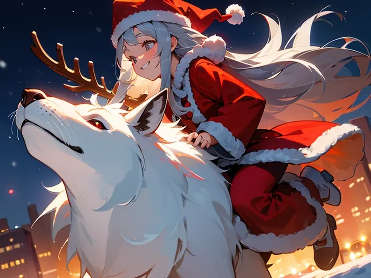 Fantastic night view of the snowy city、Profile of a smiling long-haired silver-haired girl wearing a Santa Claus hat and red dress and looking at the sky、A big smile that shows his teeth under the squinting lighting、Santa Claus riding a reindeer is flying ...