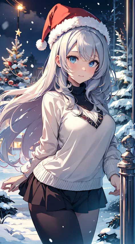 top-quality、Top image quality、​masterpiece、teens girl((white longcoat、Blue tank top、black trousers、Santas Hat、18year old、 Ager、Best Bust、big bast,Beautiful light blue eyes, Long silver hair、A slender,Large valleys、dye ones cheeks red、White breath、Reflectin...