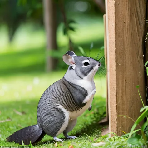 The chinchilla、Threatening towards the hawk。Chinchillas have brown fur.、The hawk stands in a powerful posture。The background is live-action、located in nature。In bright sunshine、Grass and trees々is spread out with lush greenery。Chinchilla bravely stands up t...