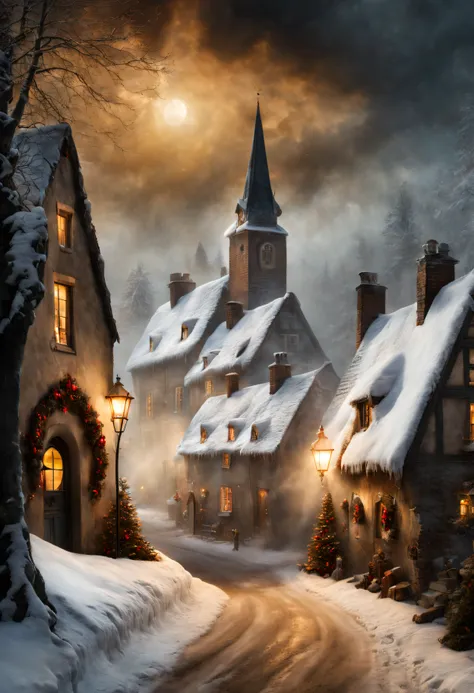 hyperrealistic christmas landscape photo of a village covered with snow in the ethereal mist, where fairytales come alive, peopl...