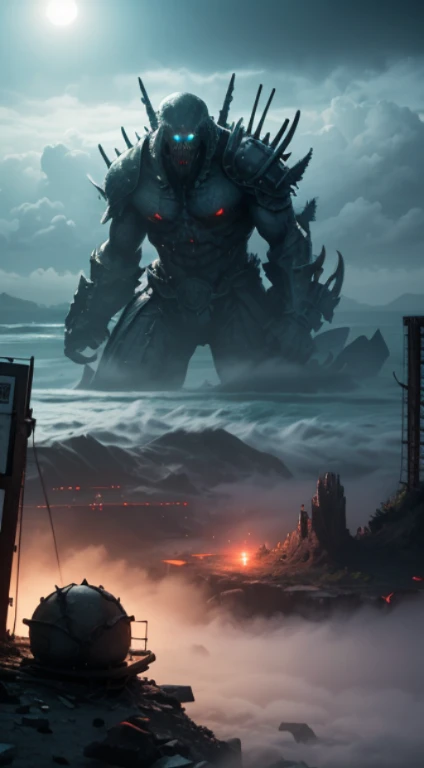 Best Quality, masutepiece, Ultra-high resolution, 3 super-huge and ferocious monsters（Huge soldiers），Hidden in thick fog，Realistic style，terrifying atmosphere，bloody red eyes, broken streets, Broken city, the ground  covered with gravel, Scattered with cor...