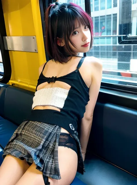 cute punk rock girl, squat on the bus, thong , skirt rift