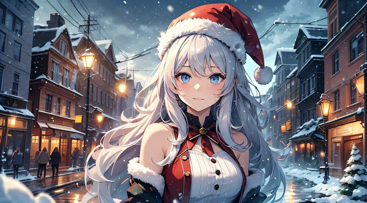 top-quality、Top image quality、​masterpiece、teens girl((Long coat in black、Blue tank top、black trousers、Santas Hat、18year old、 Ager、Best Bust、big bast,Beautiful light blue eyes, Long silver hair、A slender,Large valleys、dye ones cheeks red、White breath、Refle...