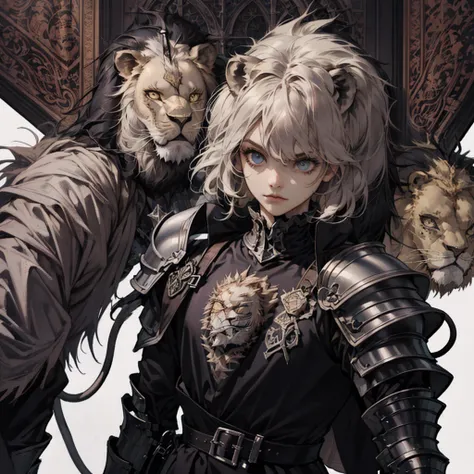 detailed game character art、((Best Quality)), ((masutepiece)), (Sharp Focus),Perfect face,Looking at Viewer, Portrait, Talk to your audience, fantasy night costume、Black Knight、(((Lion motif exterior、High Detail Gothic Armor:1.8)))、gauntlets、hand armor、BRE...