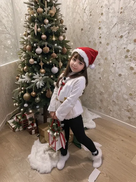 Girl Child, girl in a snow maiden costume, there is a Christmas tree behind the girl, holiday, Christmas, Detailed photo