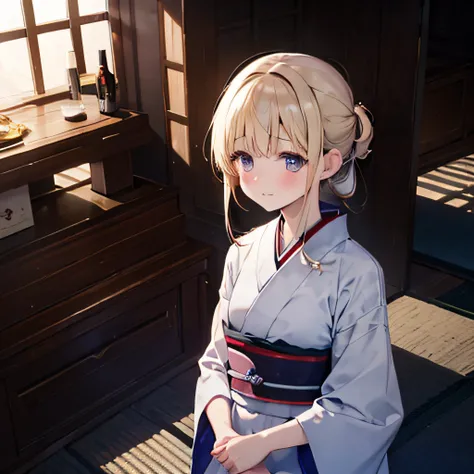 Realistic,(natta), (about 17 years old),Wide Angle,(Naughty),Wide Angle,1girl in,blondehair,((shame)), embarrassed,blushed,Wide Angle,From  above,((Shrine furisode)), llight rays, Glow, (masutepiece)