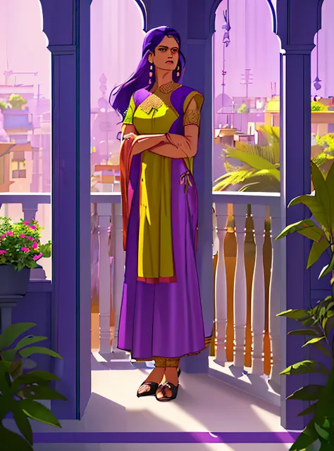 a woman standing on balcony, wearing purple salwar kameez, low angle shot, hands on the railing, trees, plants, side lighting, w...