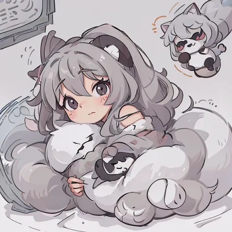 The cute character is a little raccoon named Rio. It has fluffy fur in varying shades of gray and white.. Its body is covered with soft and thick hairs, creating a feeling of comfort and coziness.