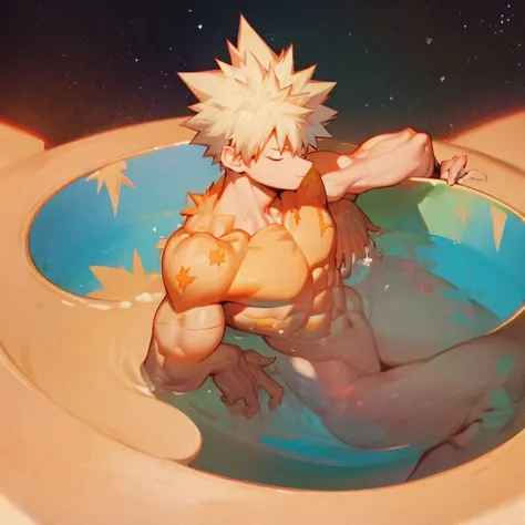 1boy, muscular buff male Bakugou Katsuki sitting inside a glass, happy, fantastical, sunny, shaded, colorful, stars