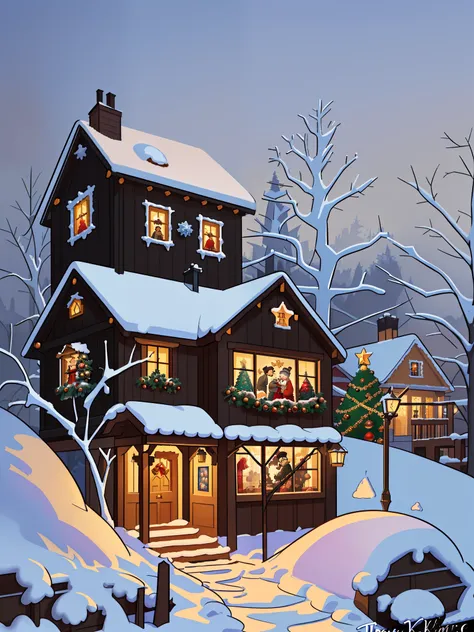 Christmas scene with a box with letters and a Christmas story in black, Art traditionnel, The Christmas Eve in Winter, Nouveau à réveillon, ( ( Thomas Kinkade ) ), vacances, (((Thomas Kinkade))), Contexte de la maison, very realistic, !!beau!!, Thomas Kink...