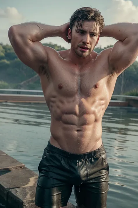 chris evans in wet clothes, with wet hair, massive bulge, muscular body