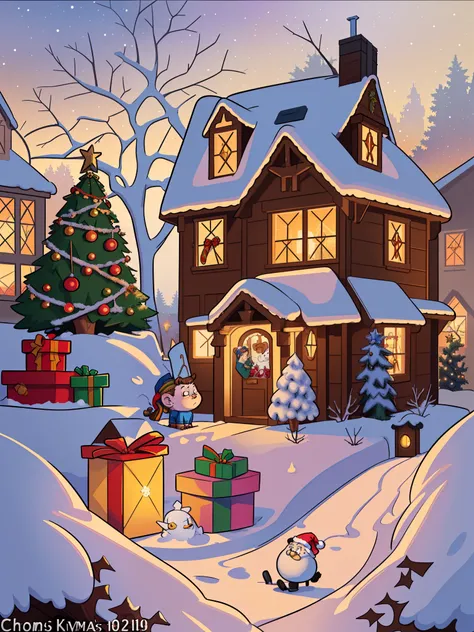 Christmas scene with a box with letters and a Christmas story in black, Art traditionnel, The Christmas Eve in Winter, Nouveau a réveillon, ( ( Thomas Kinkade ) ), vacances, (((Thomas Kinkade))), Contexte de la maison, very realistic, !!beau!!, Thomas Kink...