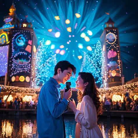 Disney Pixar illustration of a man and woman taking a wide-angle photo in front of blue illuminations。The girl has long curly hair parted in the center on the left side.。