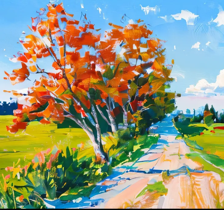 draw a road，there are trees and grass on both sides, oil painted, there are trees, written on white thin color,overgrown weeds o...