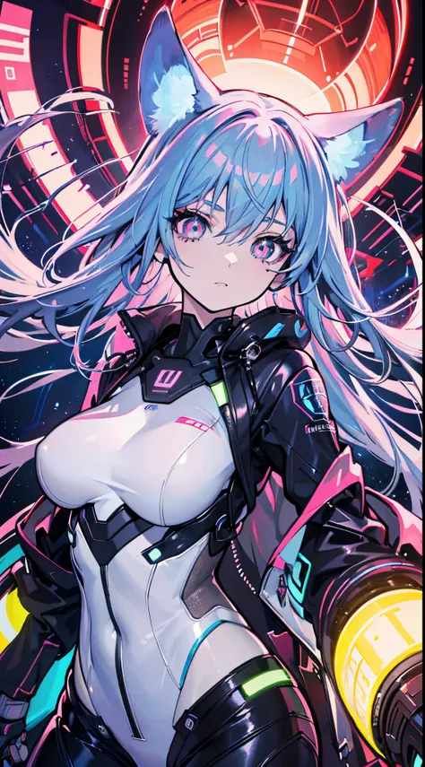 glowing eyes, colourful glowing hair, wearing sci-fi jacket, anime style, high detail, futurism, glowing light, uhd, retina, mas...