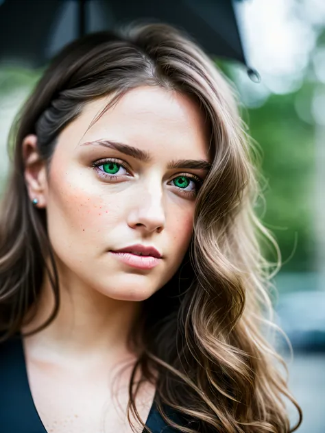 full face portrait photo of a 25 years old european girl, RAW, beautiful woman, half-open strawberry lips, dimples, longing gaze, green eyes, large pupils, large eyelashes, (extra long wavy brown hair), ((detailed face)), ((detailed facial features)), (fin...