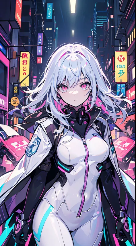 glowing eyes, colourful glowing hair, wearing sci-fi jacket, anime style, high detail, futurism, glowing light, uhd, retina, mas...