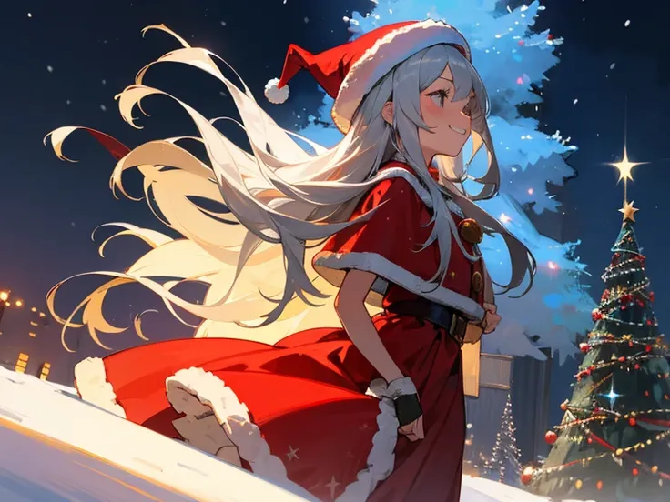 Christmas tree、illuminations、Fantastic night view of the snowy city、Profile of a smiling long-haired silver-haired girl wearing a Santa Claus hat and red dress and looking at the sky、A big smile that shows his teeth under the squinting lighting、bustup