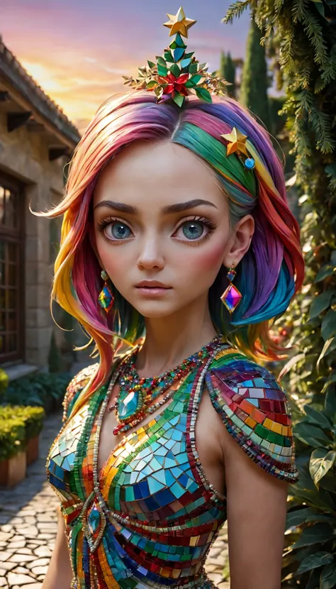 Christmas style，mosaic sculpture, external garden, flagstone road, Ahfu future, the sunset, rainbow hair, Asymmetrical hair, forehead jewel, hair adornments, bead necklace, hoop earings, smug, hyper realisitc, mirai, hyper realisitc, artistic décor, concep...