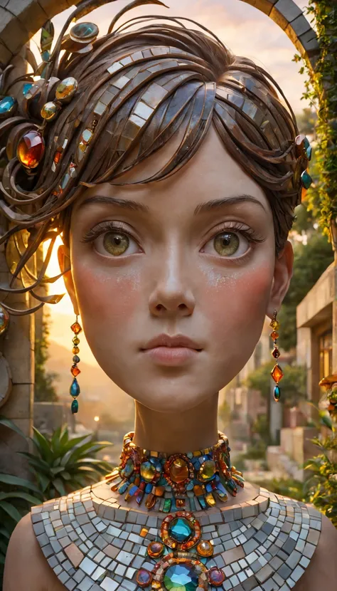 mosaic sculpture, external garden, flagstone road, mirai, the sunset, Asymmetrical hair, forehead jewel, hair adornments, bead necklace, hoop earings, smug, hyper realisitc, mirai, hyper realisitc, artistic décor, concept-art, Three-dimensional future, lig...