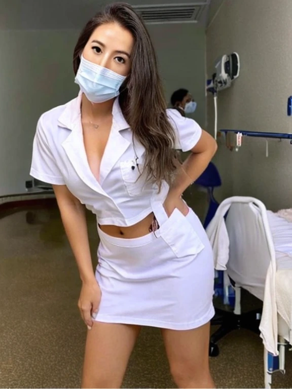 (((Beautiful dental hygienist)))、(((Appearance during treatment)))、medical mask、((Dont wear panties)), (((Leaning forward to look into the patient)))、(((Independent lab coat)))、(8K、top-quality、​masterpiece:1.2)、(reallistic、Photorealsitic:1.2)、 Phenomenally...