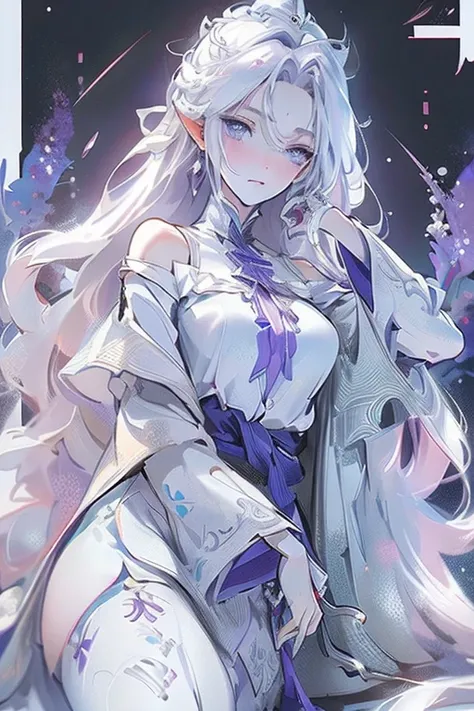 Best quality, highly detailed, masterpiece, ultra detailed, (reality: 1.2), 1 girl, (white background), simple background, delicate eyes, silver hair, purple eyes, hair_ornament, (white off-the-shoulder shirt: 1.3), long hair, pointy_ears, crown_braid, exp...