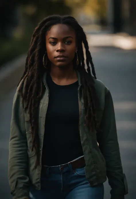 A young black woman, 18 years old, militant, woke, wearing a long sleeve tshirt and jeans, rebellious, determined expressions, short dreadlocks, walking outside of school, entire body visible, full body, hyperrealistic, best quality, 8K, real human skin, m...