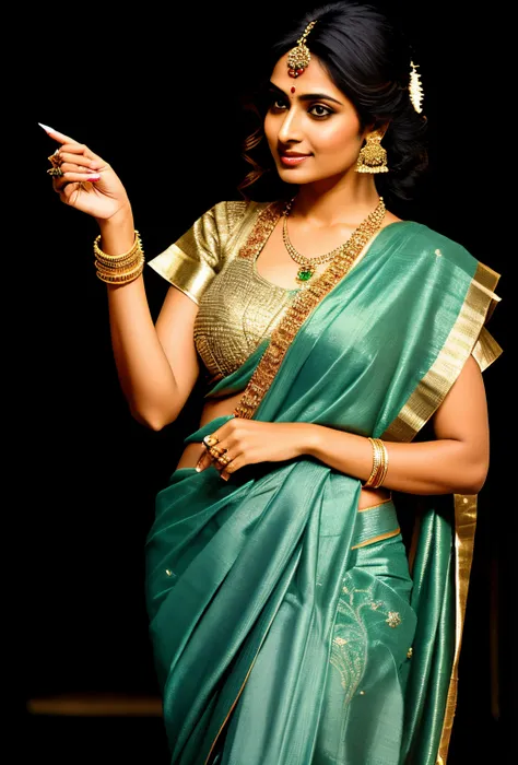 Woman in saree pointing at something with finger, wearing sari, wearing sari, saree, wearing sari, indian style, Dressed in delicate greens and golds, wearing fancy clothes, desi, coy expression wearing intricate, Photos of hand-decorated models, Indian, w...